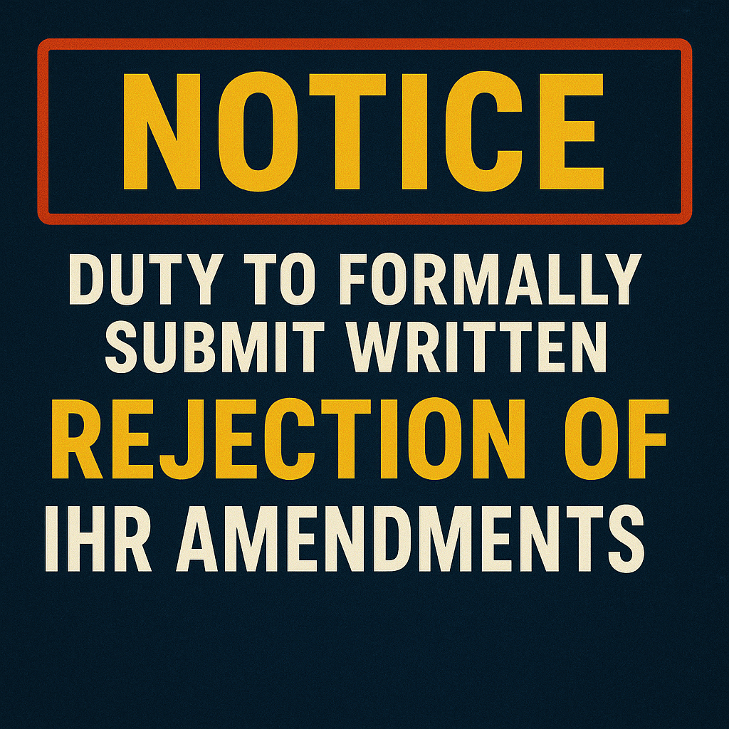 NOTICE AND DUTY TO FORMALLY SUBMIT WRITTEN REJECTION OF IHR AMENDMENTS